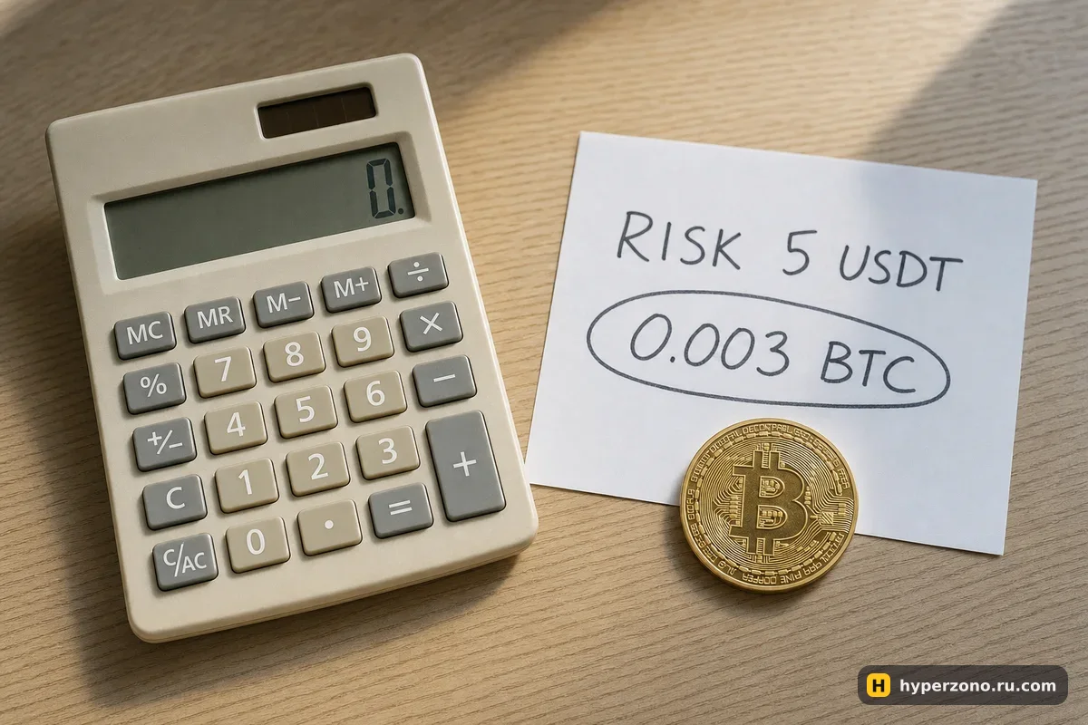 Калькулятор и записка с цифрами: риск 5 USDT и количество 0,003 BTC