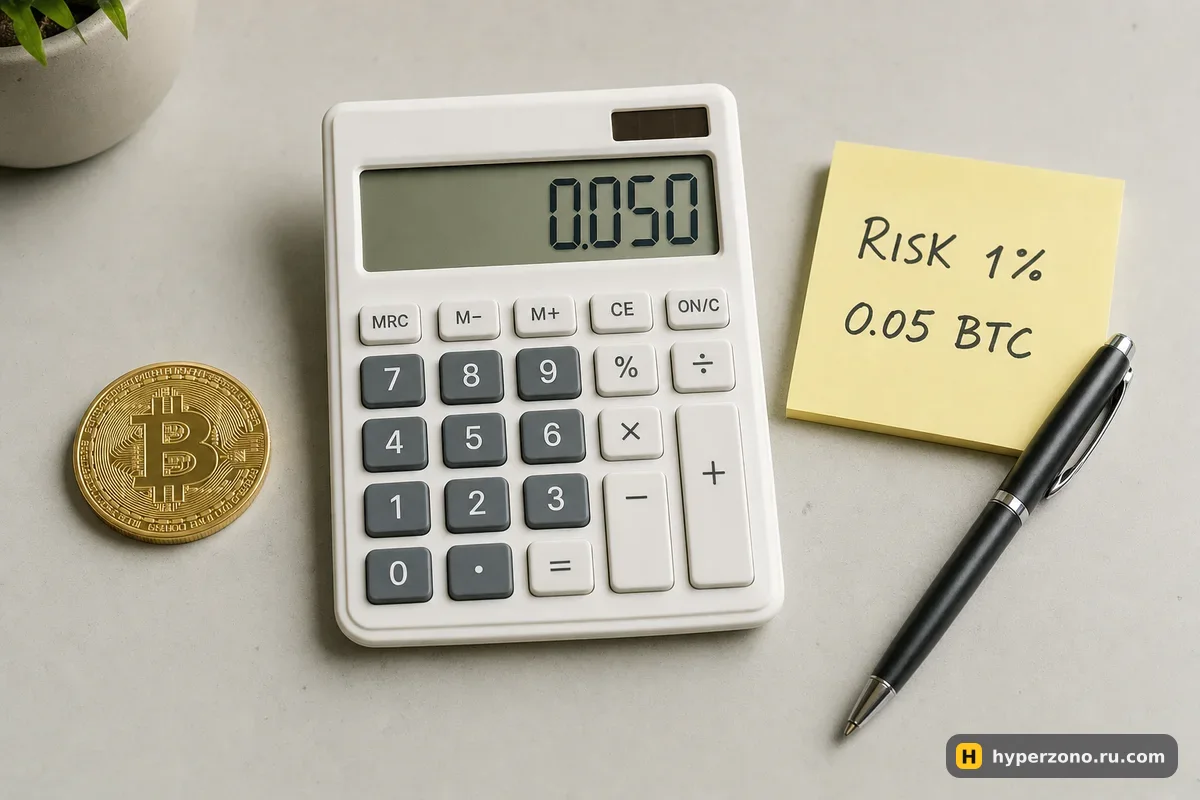Калькулятор, золотая монета биткоина и жёлтый стикер с надписями RISK 1% и 0.05 BTC на светлом столе