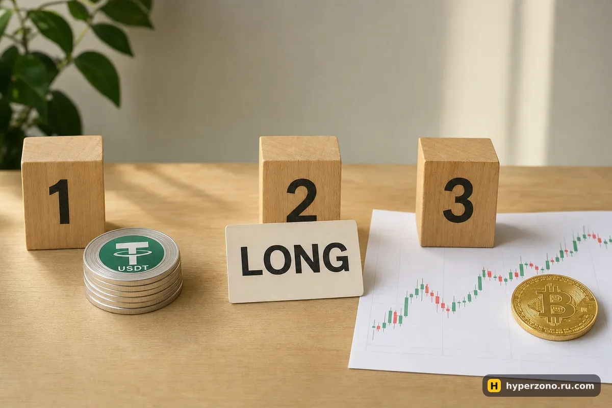 Три пронумерованных деревянных кубика на столе: рядом монеты USDT, табличка LONG и золотая монета биткоина на распечатанном свечном графике
