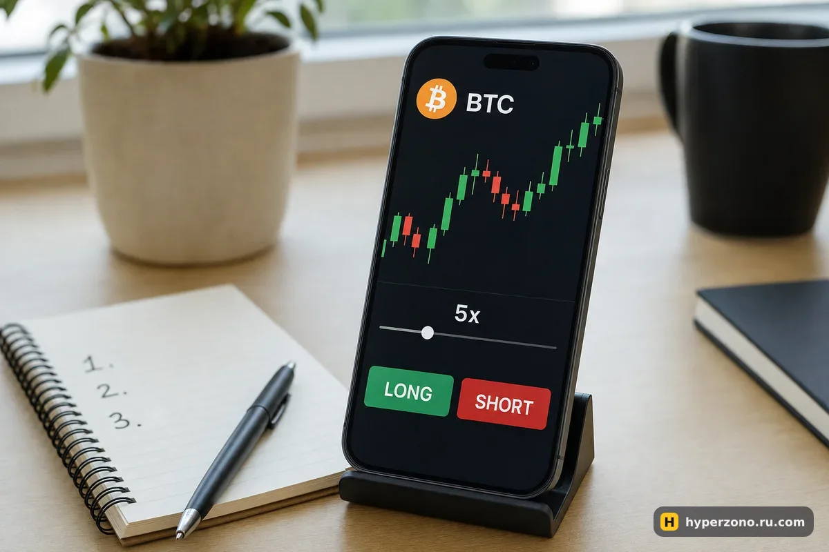 Телефон на подставке с торговым экраном: график биткоина, ползунок плеча 5x и кнопки LONG и SHORT