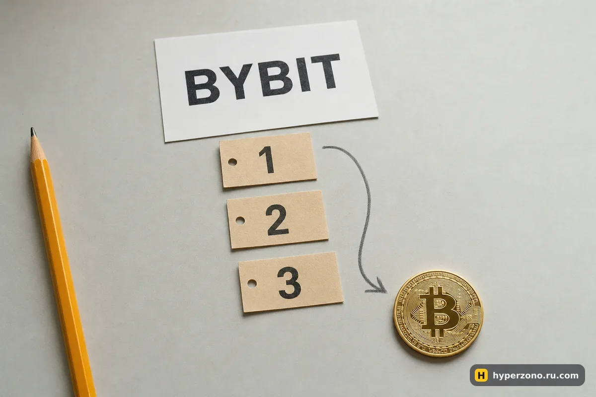 Карточка с надписью Bybit и три пронумерованных бирки со стрелкой к монете биткоина