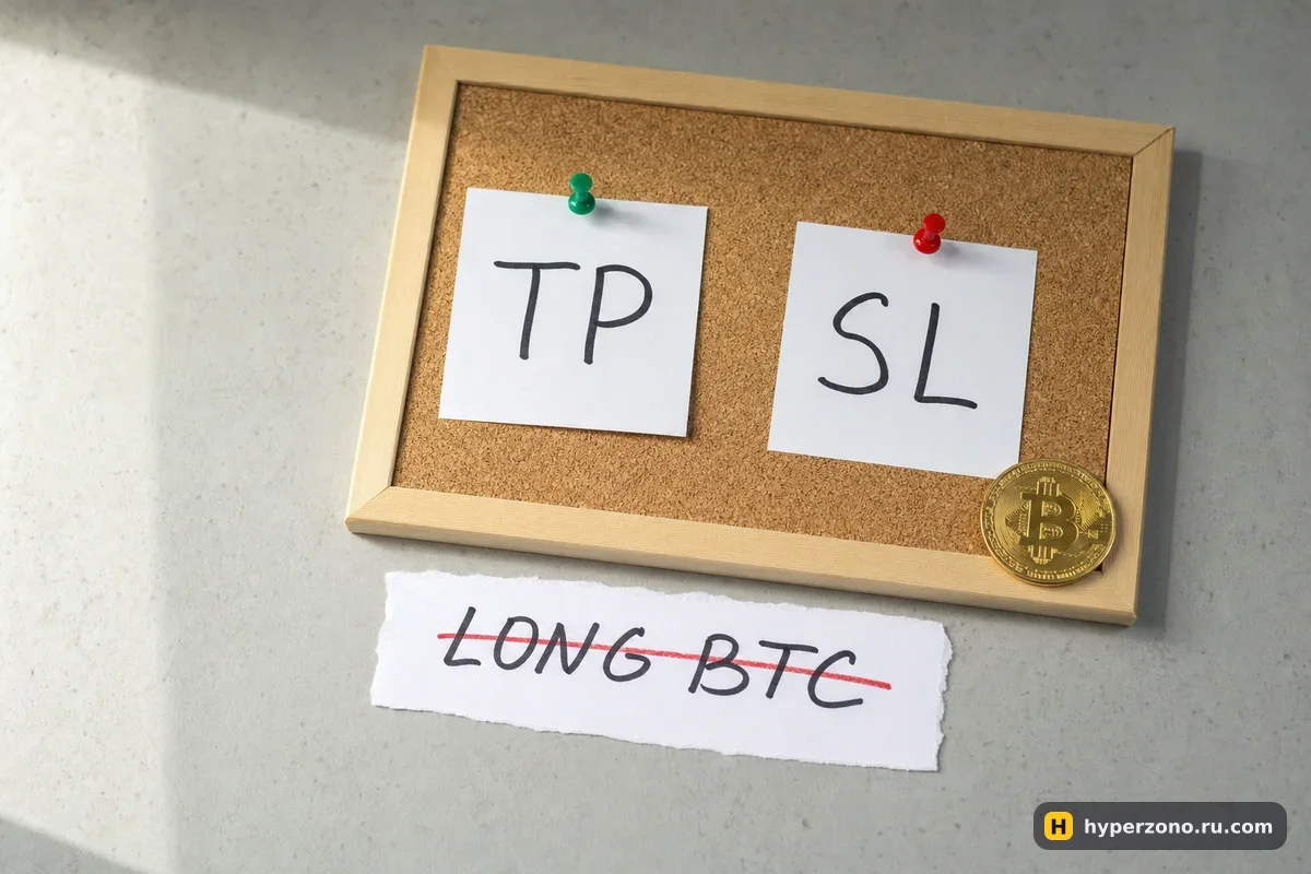 Записки TP и SL висят на пробковой доске, а карточка LONG BTC перечёркнута