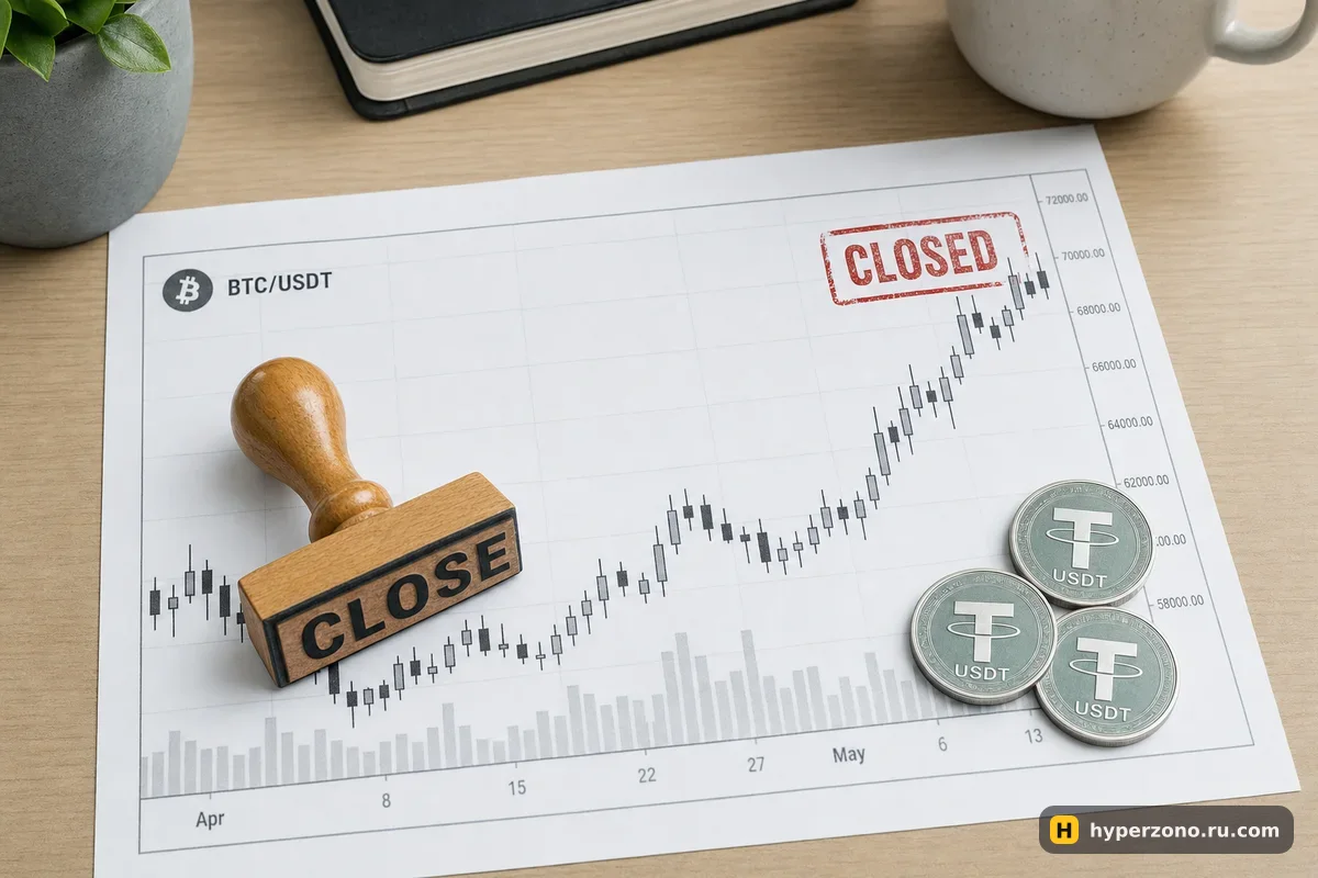 Штамп CLOSE на распечатанном графике биткоина и стопка монет USDT