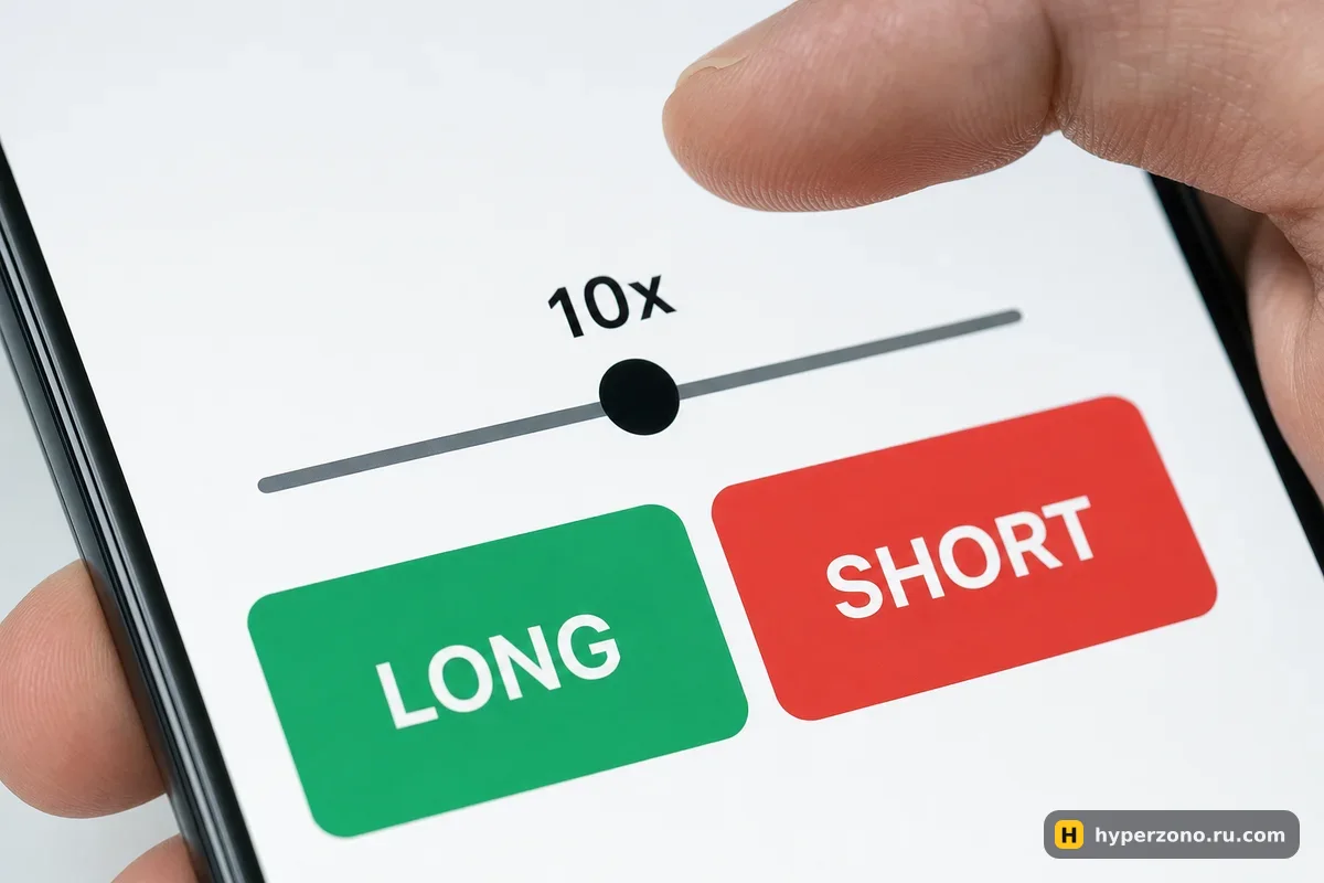 Палец над экраном телефона с кнопками LONG и SHORT и ползунком плеча 10x