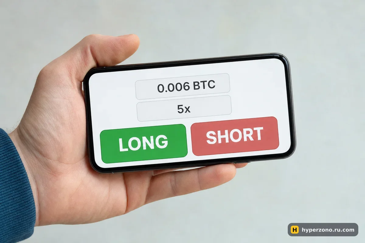 Экран телефона с двумя кнопками LONG и SHORT, объёмом 0,006 BTC и плечом 5x
