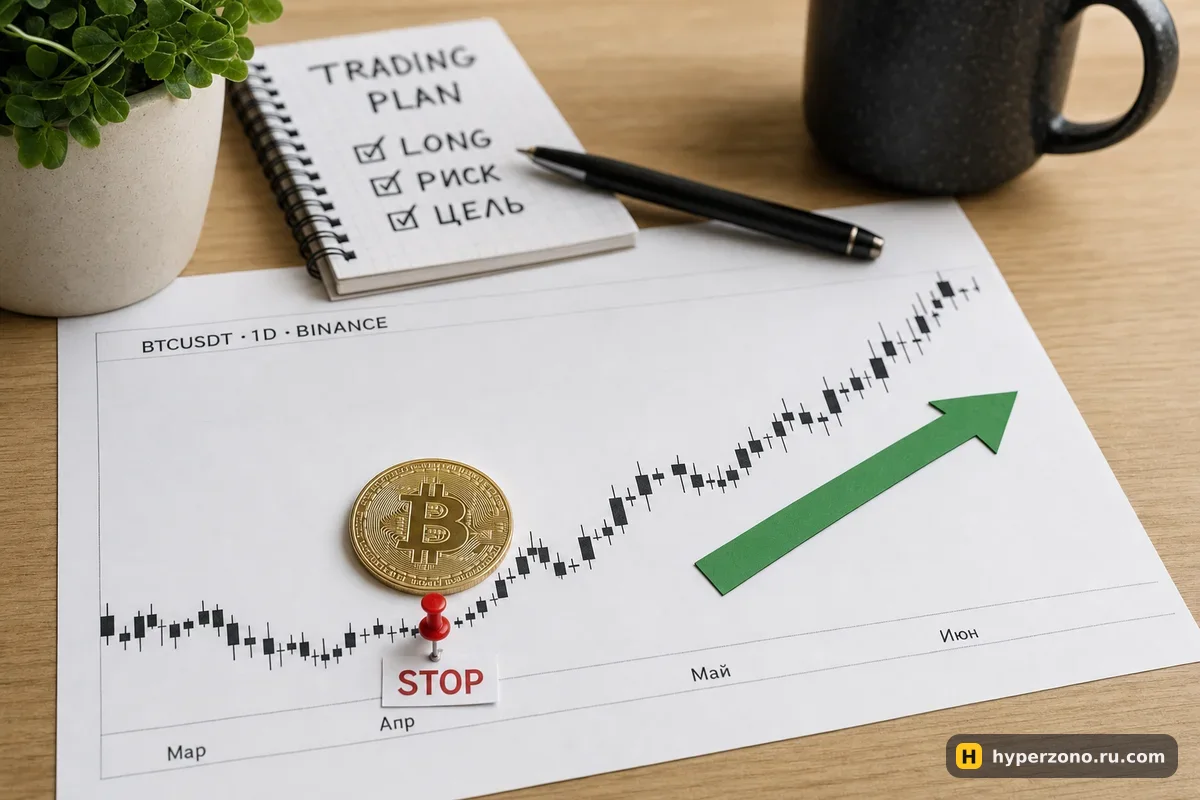 Монета биткоина на распечатанном графике, зелёная бумажная стрелка вверх и красная кнопка с биркой STOP ниже