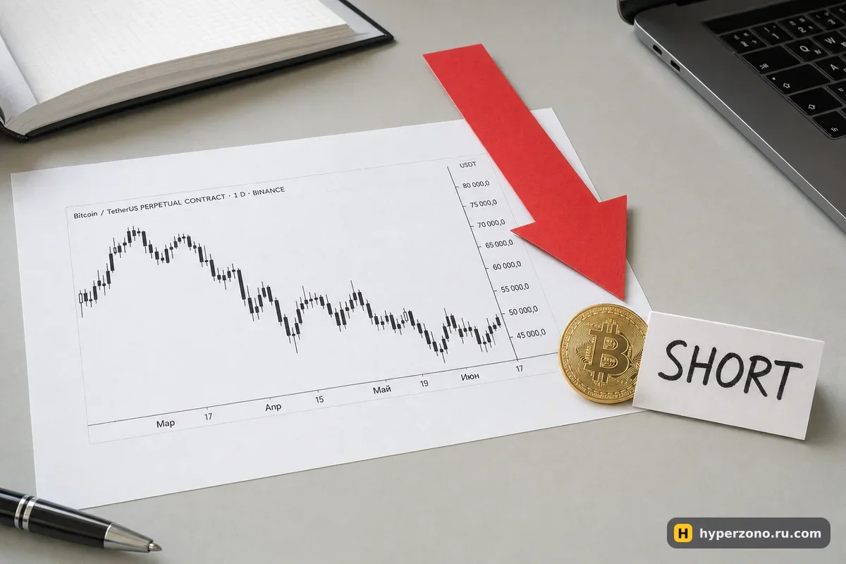 Красная бумажная стрелка вниз на свечном графике биткоина, рядом золотая монета BTC и карточка SHORT