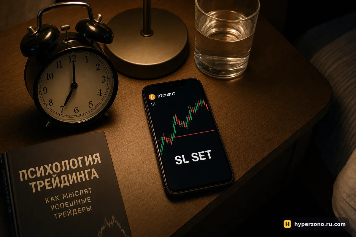Телефон с надписью SL SET и красной линией стопа лежит ночью на тумбочке рядом с будильником