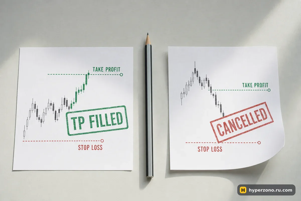 Два бумажных талона: левый со штампом TP FILLED, правый перечёркнут красным CANCELLED