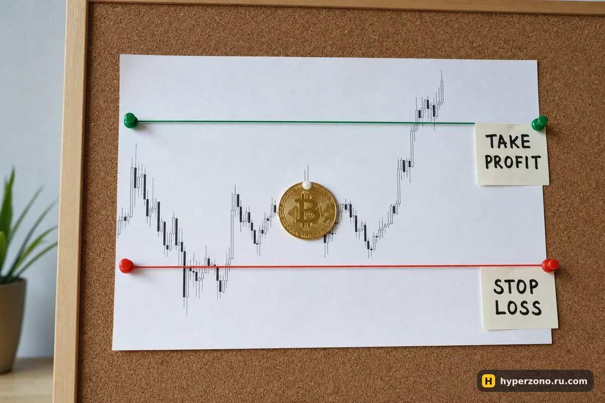 Пробковая доска с графиком биткоина, зелёная нить TAKE PROFIT сверху и красная STOP LOSS снизу, между ними монета BTC