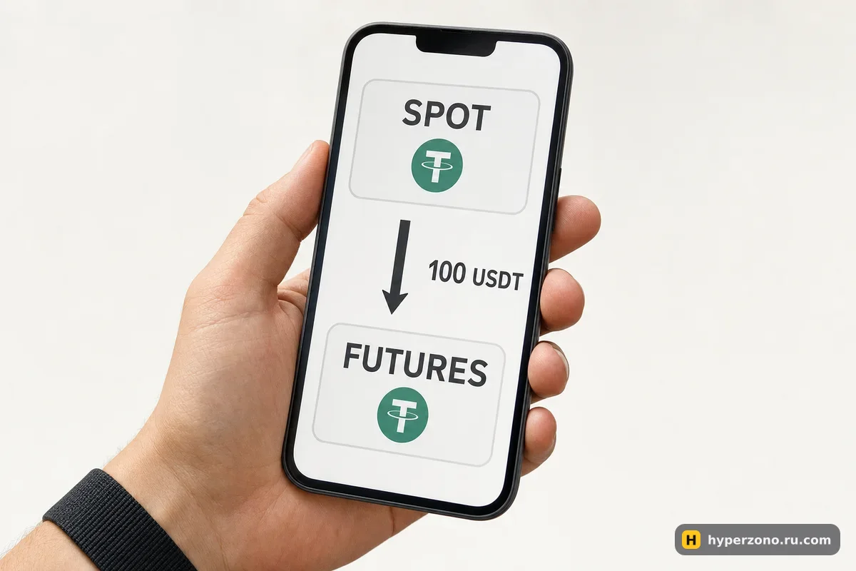 Экран телефона с простым переводом: из SPOT в FUTURES, сумма 100 USDT