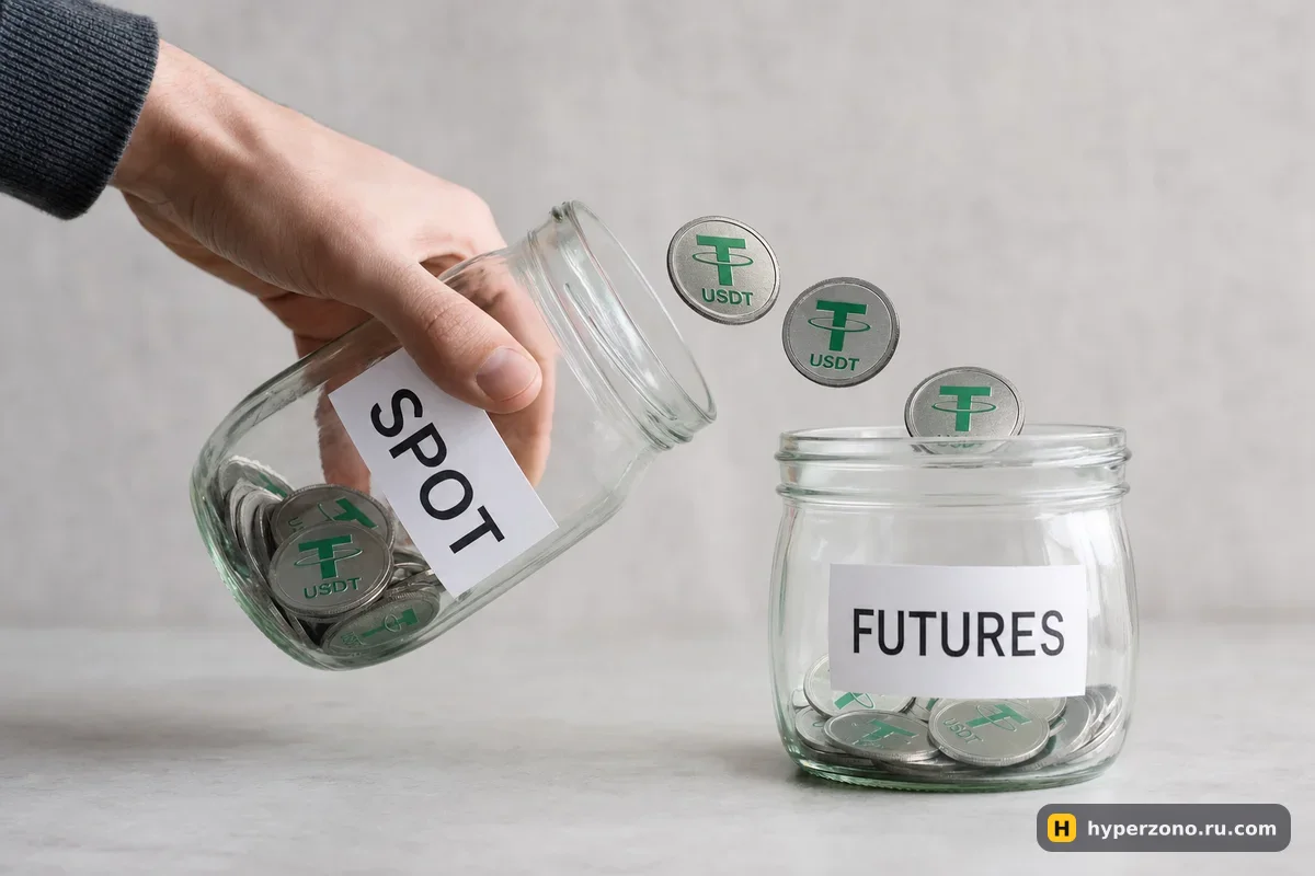 Две стеклянные банки с подписями SPOT и FUTURES, монеты USDT пересыпаются из одной в другую