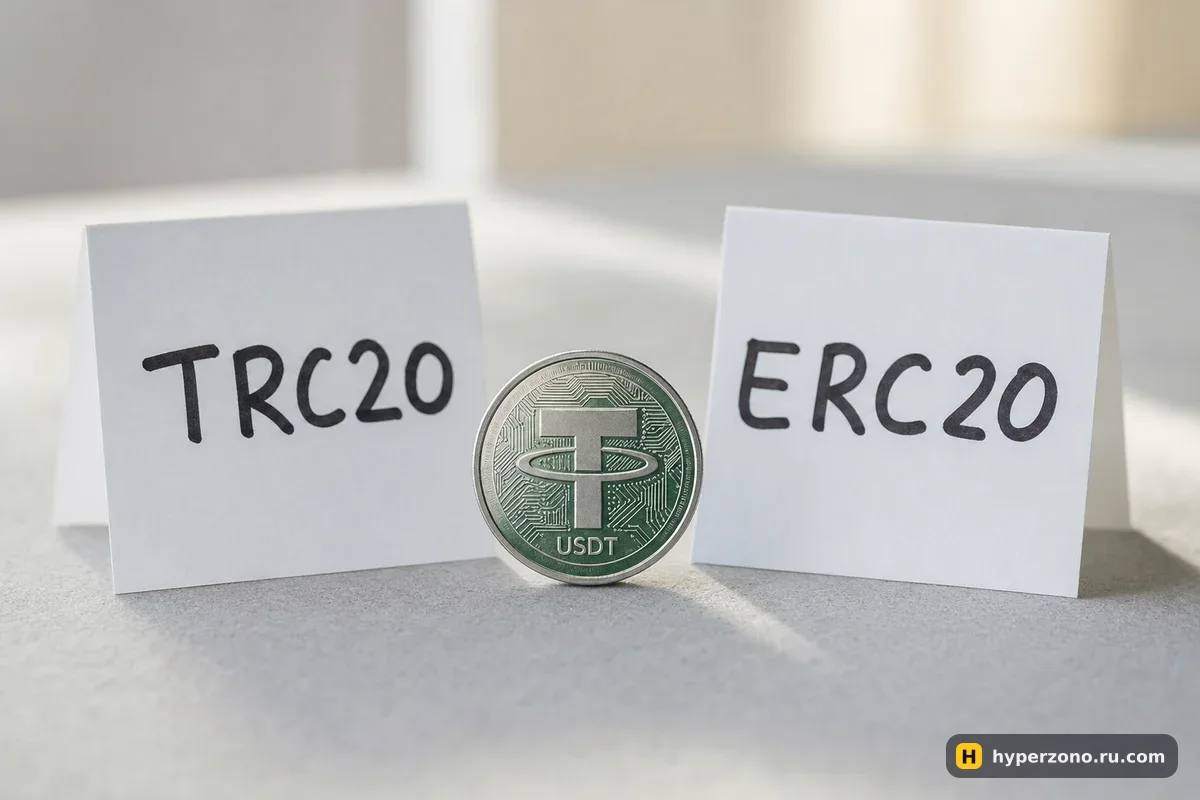 Две карточки с надписями TRC20 и ERC20 и монета USDT между ними