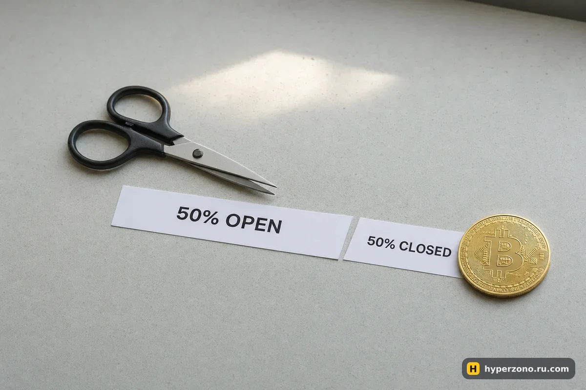 Ножницы разрезают бумажную полоску на части с надписями 50% открыто и 50% закрыто