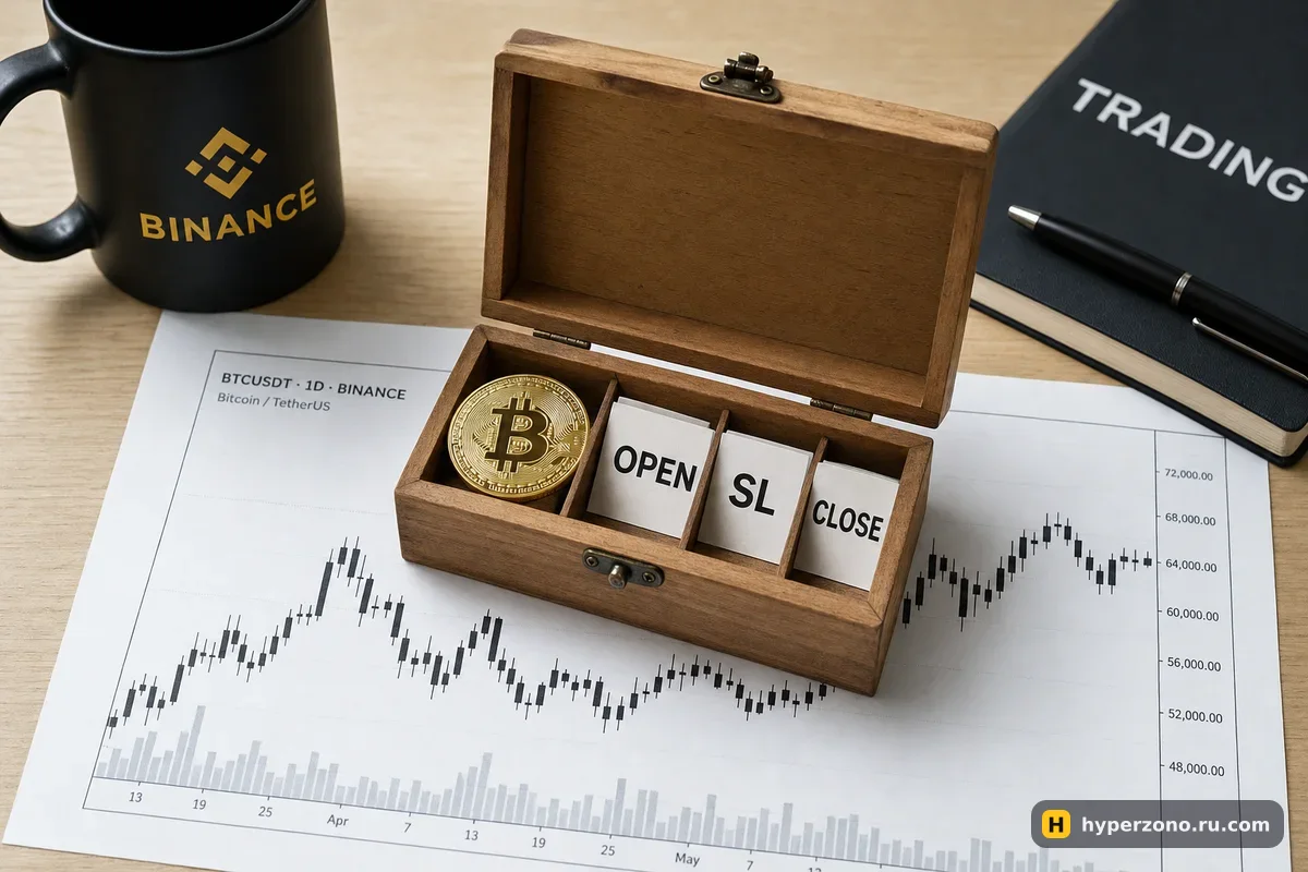 Открытый ящик с инструментами, внутри монета биткоина и бирки OPEN, SL, CLOSE