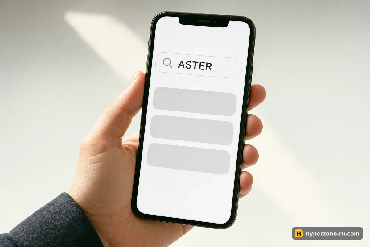 Телефон в руке, на экране строка поиска со словом ASTER