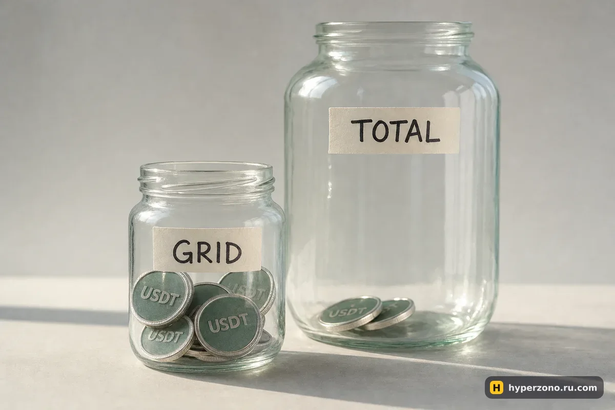 Маленькая банка с монетами USDT с биркой GRID и большая почти пустая банка с биркой TOTAL