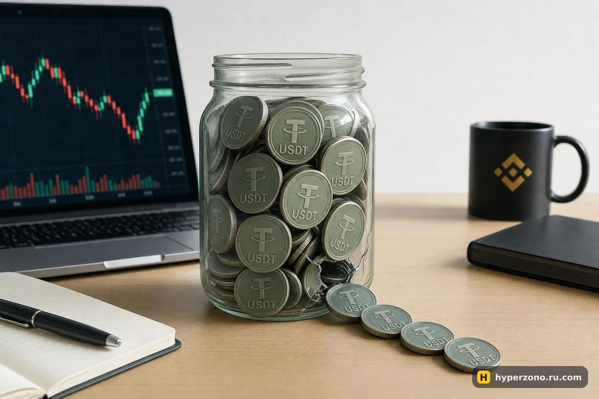Стеклянная банка с монетами USDT, из трещины внизу высыпалось несколько монет