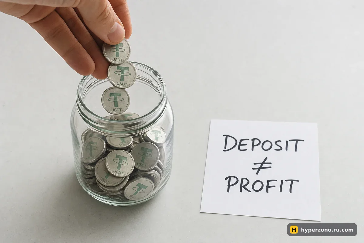 Рука досыпает монеты USDT в банку, рядом записка DEPOSIT ≠ PROFIT