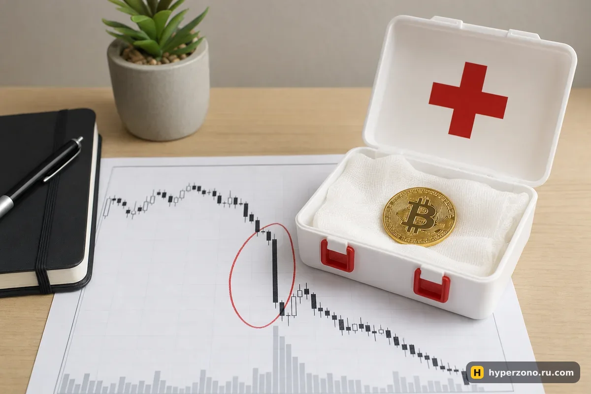 Аптечка с биткоин-монетой внутри стоит на распечатанном графике с резкой красной свечой